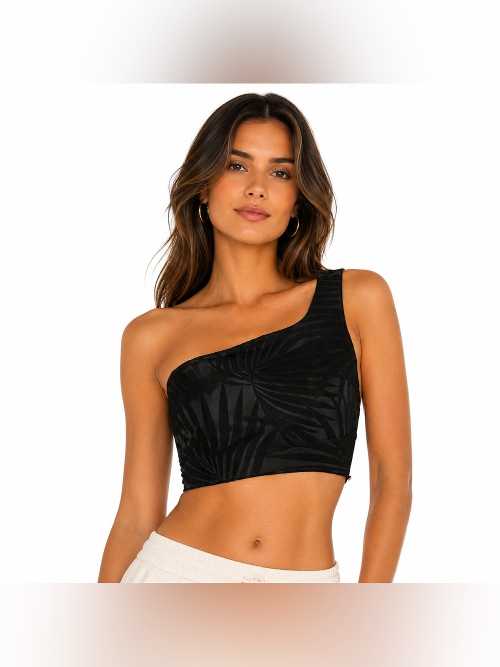 Significant Other Camille One Shoulder Black Crop Top Tropical Print  Size 4